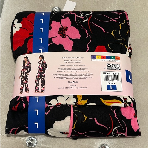 Room Service Floral Shawl Collar Pajama Set - Black and Pink - Picture 2 of 4